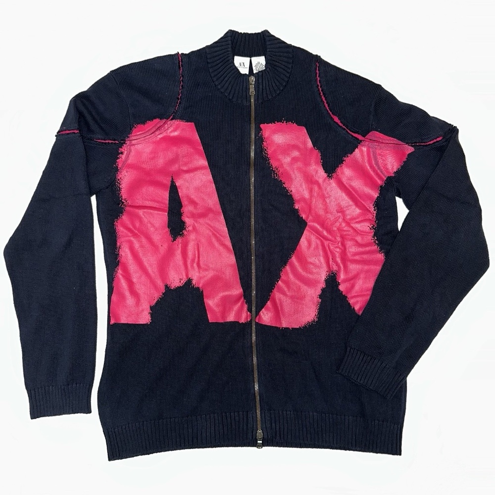 Armani Exchange Navy Blue Full-Zip Knitted Cotton Cardigan w/ Pink Logo Mens XL